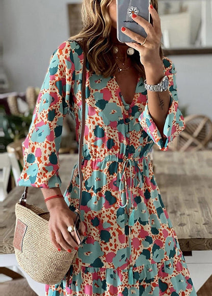 Elegant Cinched Print Exra Large Hem Cotton Ankle Dress Summer TL011