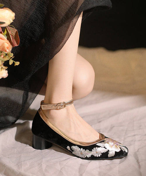 Elegant Coffee Embroidered Buckle Strap Velour Chunky High Heels RT1042 Ada Fashion