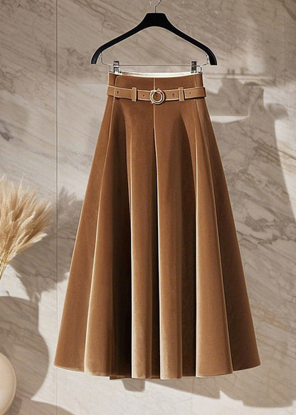 Elegant Coffee High Waist Sashes Silk Velvet Maxi Skirt Spring TA001