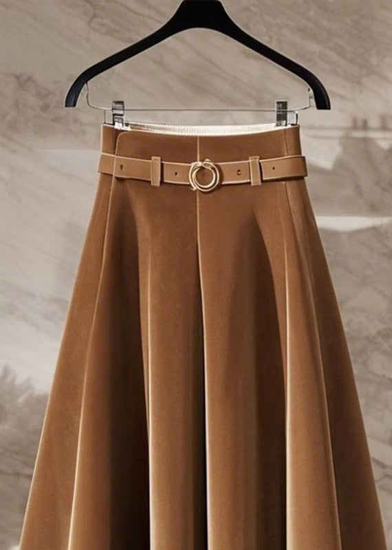 Elegant Coffee High Waist Sashes Silk Velvet Maxi Skirt Spring TA001