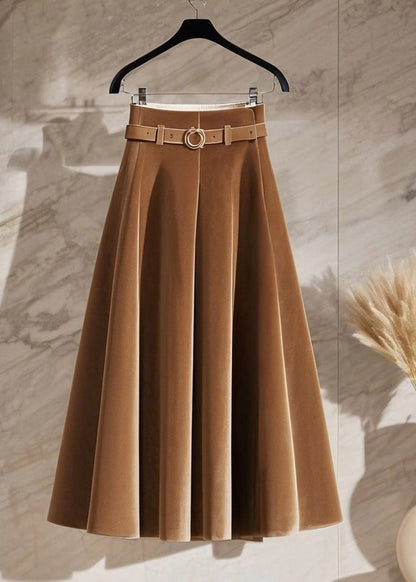 Elegant Coffee High Waist Sashes Silk Velvet Maxi Skirt Spring TA001