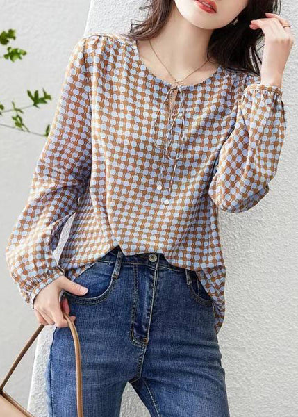 Elegant Coffee Print Lace Up Cotton Blouses Long Sleeve RE015 MZF-LTP240807