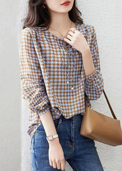 Elegant Coffee Print Lace Up Cotton Blouses Long Sleeve RE015 MZF-LTP240807