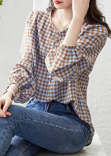 Elegant Coffee Print Lace Up Cotton Blouses Long Sleeve RE015 MZF-LTP240807