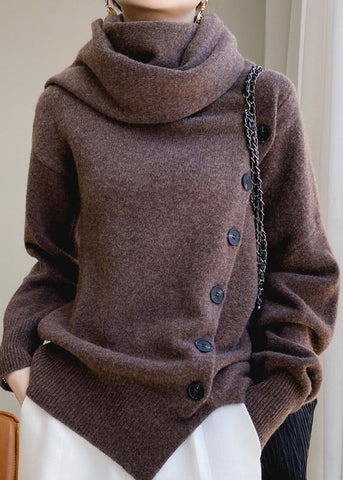 Elegant Coffee Scarf Collar Button Patchwork Wool Sweaters Spring YY032 ABC