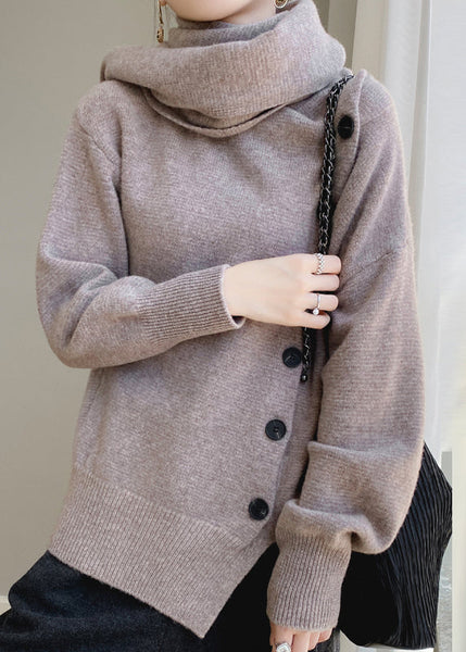 Elegant Coffee Scarf Collar Button Patchwork Wool Sweaters Spring YY032 ABC
