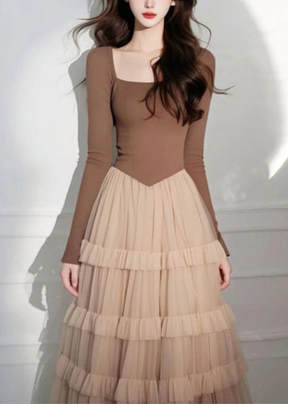 Cake Long Coffee Square Tulle Elegant Dress Patchwork Collar FashionChic