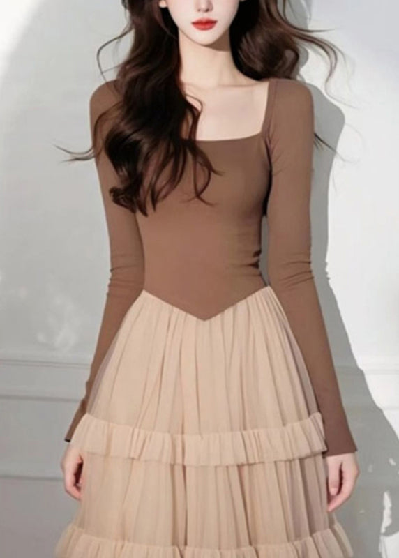 Cake Long Coffee Square Tulle Elegant Dress Patchwork Collar FashionChic