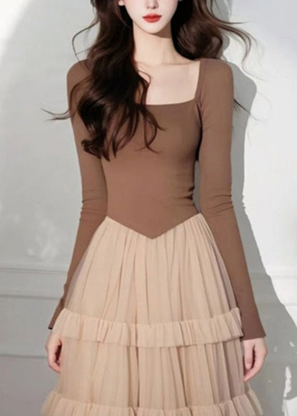 Cake Long Coffee Square Tulle Elegant Dress Patchwork Collar FashionChic