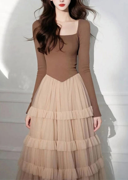 Cake Long Coffee Square Tulle Elegant Dress Patchwork Collar FashionChic