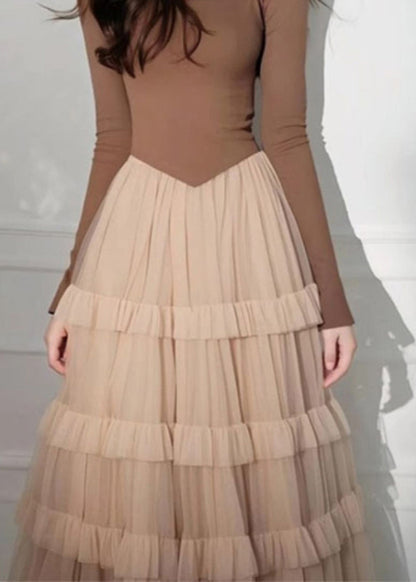 Cake Long Coffee Square Tulle Elegant Dress Patchwork Collar FashionChic