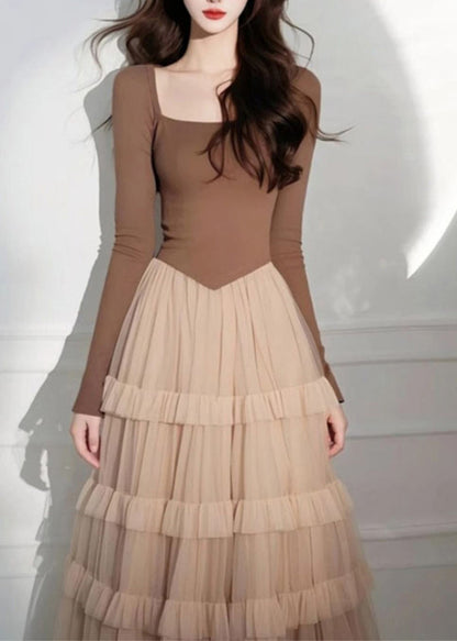 Cake Long Coffee Square Tulle Elegant Dress Patchwork Collar FashionChic