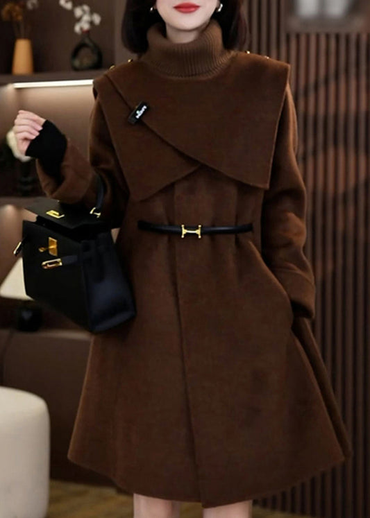 Elegant Coffee Woolen Coats And Knit Scarf Two Pieces Set Winter RF041 ABC