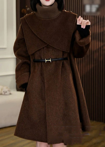 Elegant Coffee Woolen Coats And Knit Scarf Two Pieces Set Winter RF041 ABC