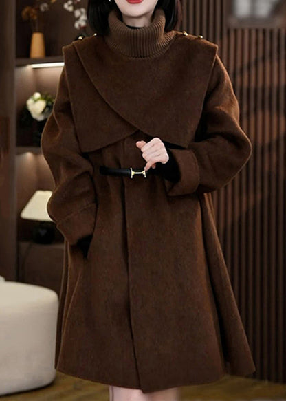 Elegant Coffee Woolen Coats And Knit Scarf Two Pieces Set Winter RF041 ABC