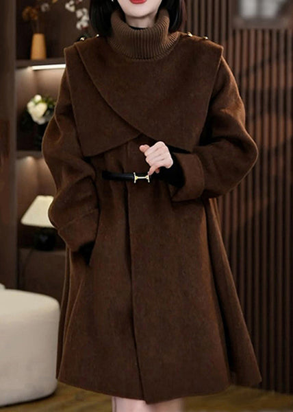 Elegant Coffee Woolen Coats And Knit Scarf Two Pieces Set Winter RF041 ABC