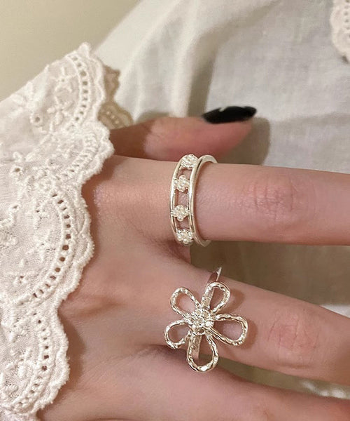 Rings Elegant Floral Gold Set Two Piece Alloy Hollow Out FashionChic