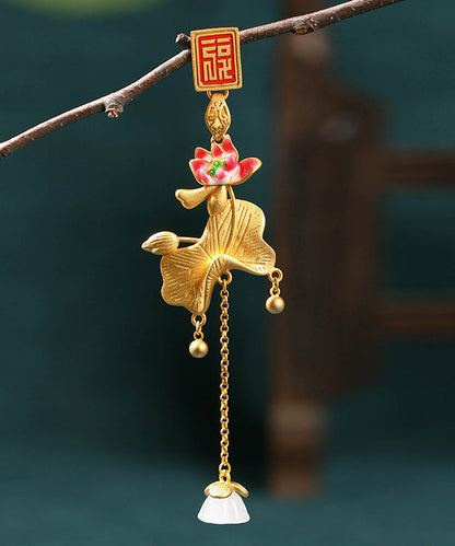 Elegant Gold Ancient Gold Jade Lotus Tassel Brooches KX1072 Ada Fashion