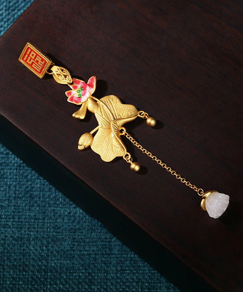 Elegant Gold Ancient Gold Jade Lotus Tassel Brooches KX1072 Ada Fashion