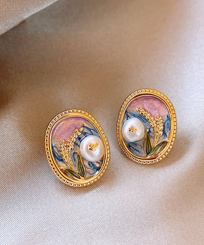 Elegant Gold Copper Alloy Pearl Enamel Stud Earrings TX029
