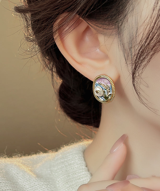Elegant Gold Copper Alloy Pearl Enamel Stud Earrings TX029