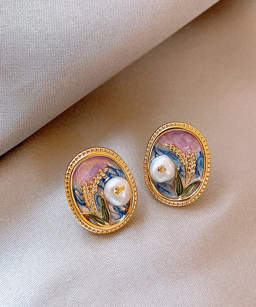 Elegant Gold Copper Alloy Pearl Enamel Stud Earrings TX029