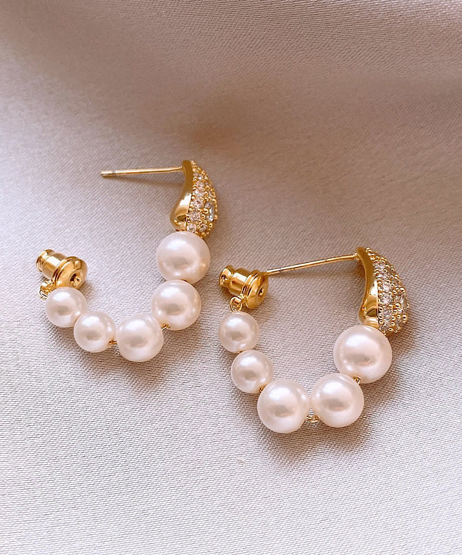 Elegant Gold Copper Alloy Zircon Pearl Hoop Earrings RB013 ABC