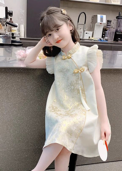 Maxi Vacation Girls Button Elegant Gold Stand Ruffled Collar FashionChic