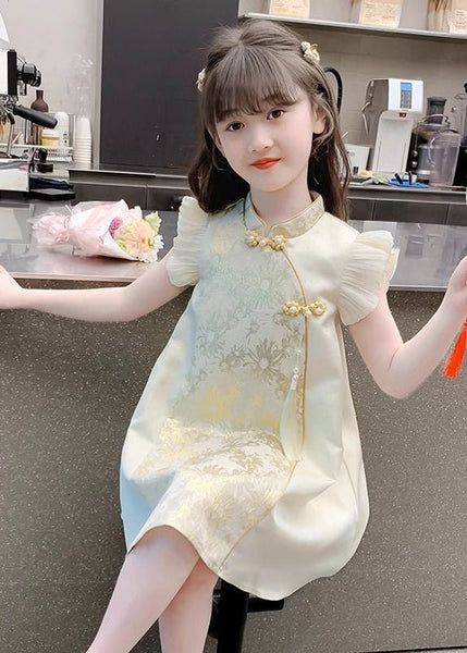 Maxi Vacation Girls Button Elegant Gold Stand Ruffled Collar FashionChic