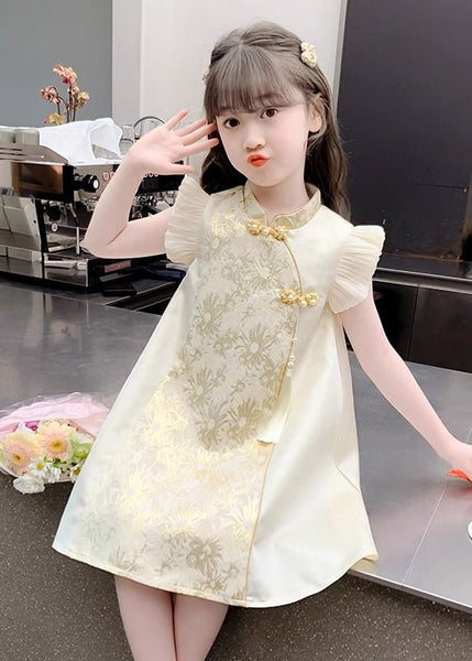 Maxi Vacation Girls Button Elegant Gold Stand Ruffled Collar FashionChic