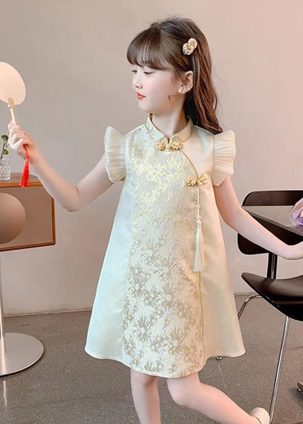 Maxi Vacation Girls Button Elegant Gold Stand Ruffled Collar FashionChic