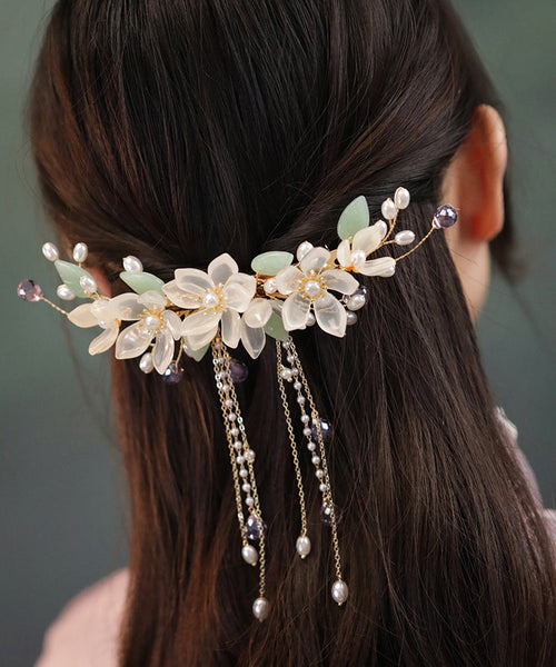 Elegant Gold Sterling Silver Overgild Pearl Floral Tassel Hairpin AB1081 Genistyle Shop
