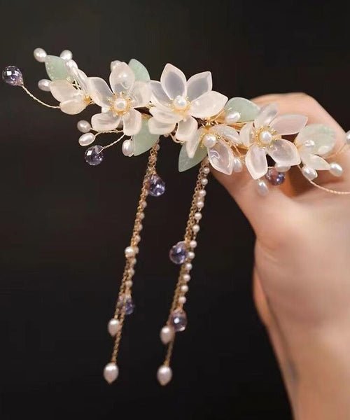 Elegant Gold Sterling Silver Overgild Pearl Floral Tassel Hairpin AB1081 Genistyle Shop