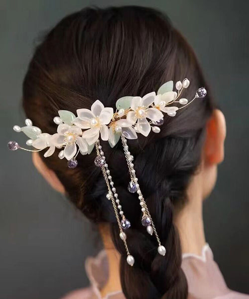 Elegant Gold Sterling Silver Overgild Pearl Floral Tassel Hairpin AB1081 Genistyle Shop