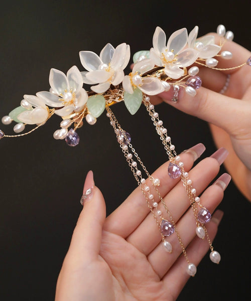 Elegant Gold Sterling Silver Overgild Pearl Floral Tassel Hairpin AB1081 Genistyle Shop