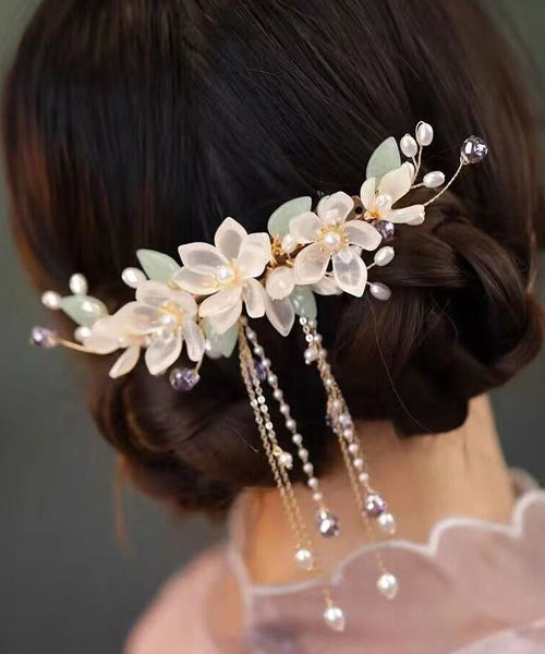 Elegant Gold Sterling Silver Overgild Pearl Floral Tassel Hairpin AB1081 Genistyle Shop