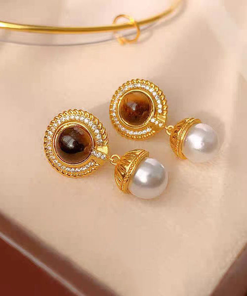 Overgild Gold Pearl Earrings Silver Elegant Drop Sterling Tassel FashionChic