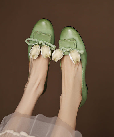 Shoes Elegant Cowhide Bow Leather Flat Splicing Floral Green FashionChic