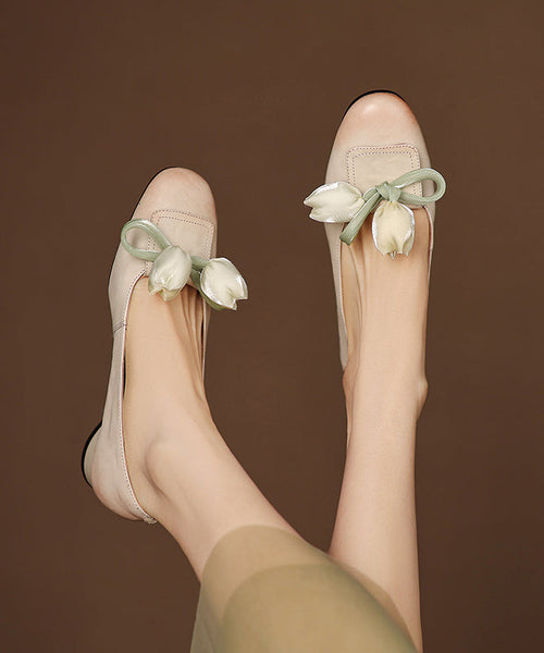 Shoes Elegant Cowhide Bow Leather Flat Splicing Floral Green FashionChic