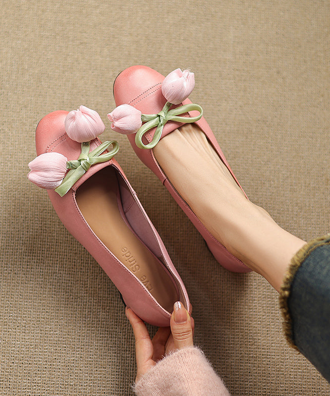 Shoes Elegant Cowhide Bow Leather Flat Splicing Floral Green FashionChic