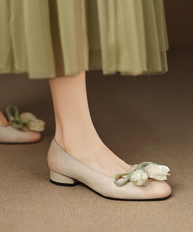 Shoes Elegant Cowhide Bow Leather Flat Splicing Floral Green FashionChic