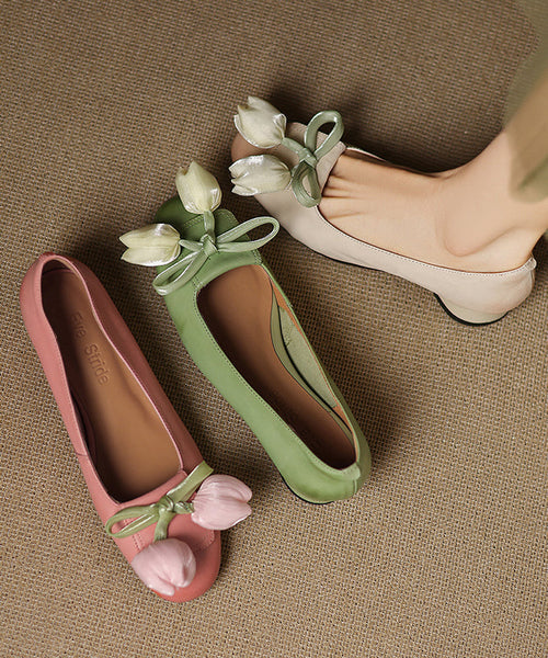 Shoes Elegant Cowhide Bow Leather Flat Splicing Floral Green FashionChic