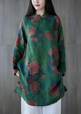 Elegant Green Button Print Linen Mid Dress Long Sleeve GG063 MZF-SDM240610