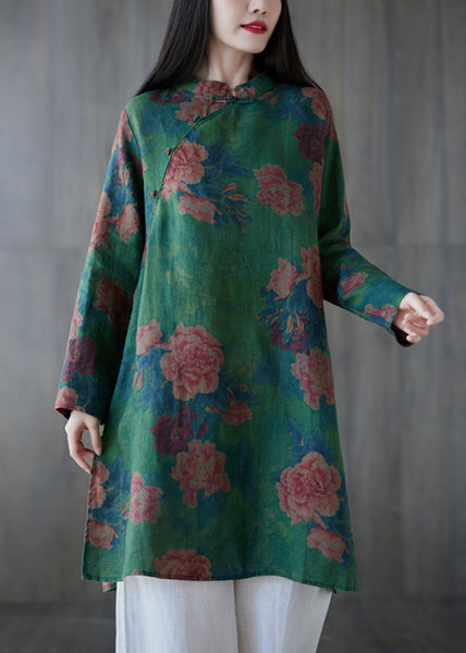 Elegant Green Button Print Linen Mid Dress Long Sleeve GG063 MZF-SDM240610