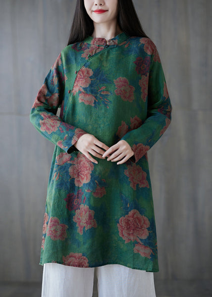 Elegant Green Button Print Linen Mid Dress Long Sleeve GG063 MZF-SDM240610