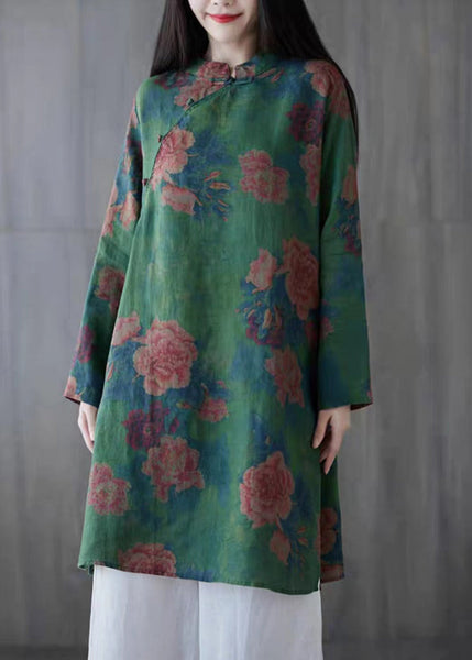 Elegant Green Button Print Linen Mid Dress Long Sleeve GG063 MZF-SDM240610