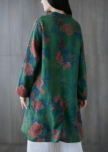 Elegant Green Button Print Linen Mid Dress Long Sleeve GG063 MZF-SDM240610