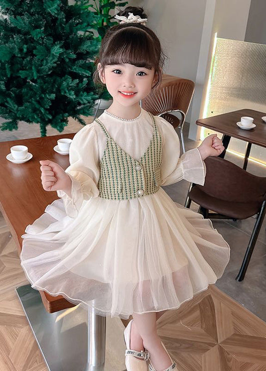 Elegant Green Button Waistcoat And Dress Tulle Kids Two Pieces Set Fall XZ075 FALL-MM-RCTZ-TPGIEC240618