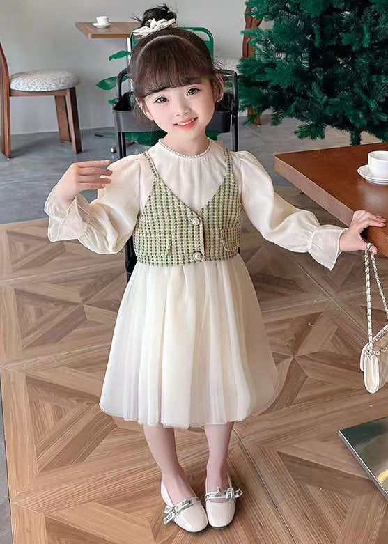 Elegant Green Button Waistcoat And Dress Tulle Kids Two Pieces Set Fall XZ075 FALL-MM-RCTZ-TPGIEC240618