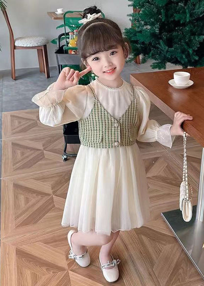 Elegant Green Button Waistcoat And Dress Tulle Kids Two Pieces Set Fall XZ075 FALL-MM-RCTZ-TPGIEC240618